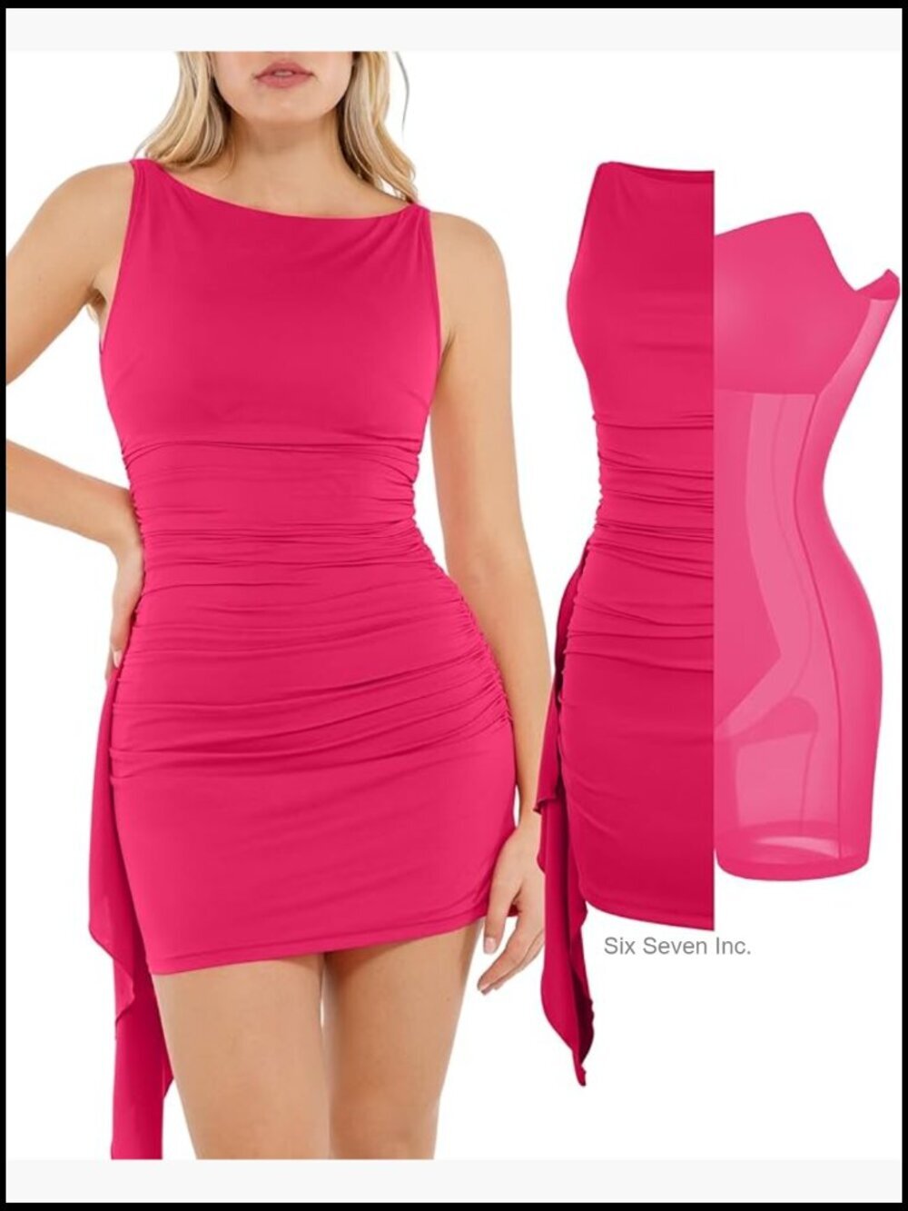 Built in Shapewear Cocktail Mini Dress Boat Neck Ruched Bodycon Sleeveless